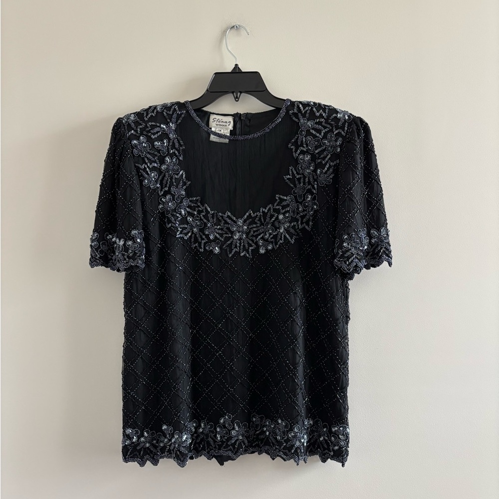 VTG Stenay Blouse Silk Sequin Beaded Black Sheer Mesh Women 1X Elegant 80s Party